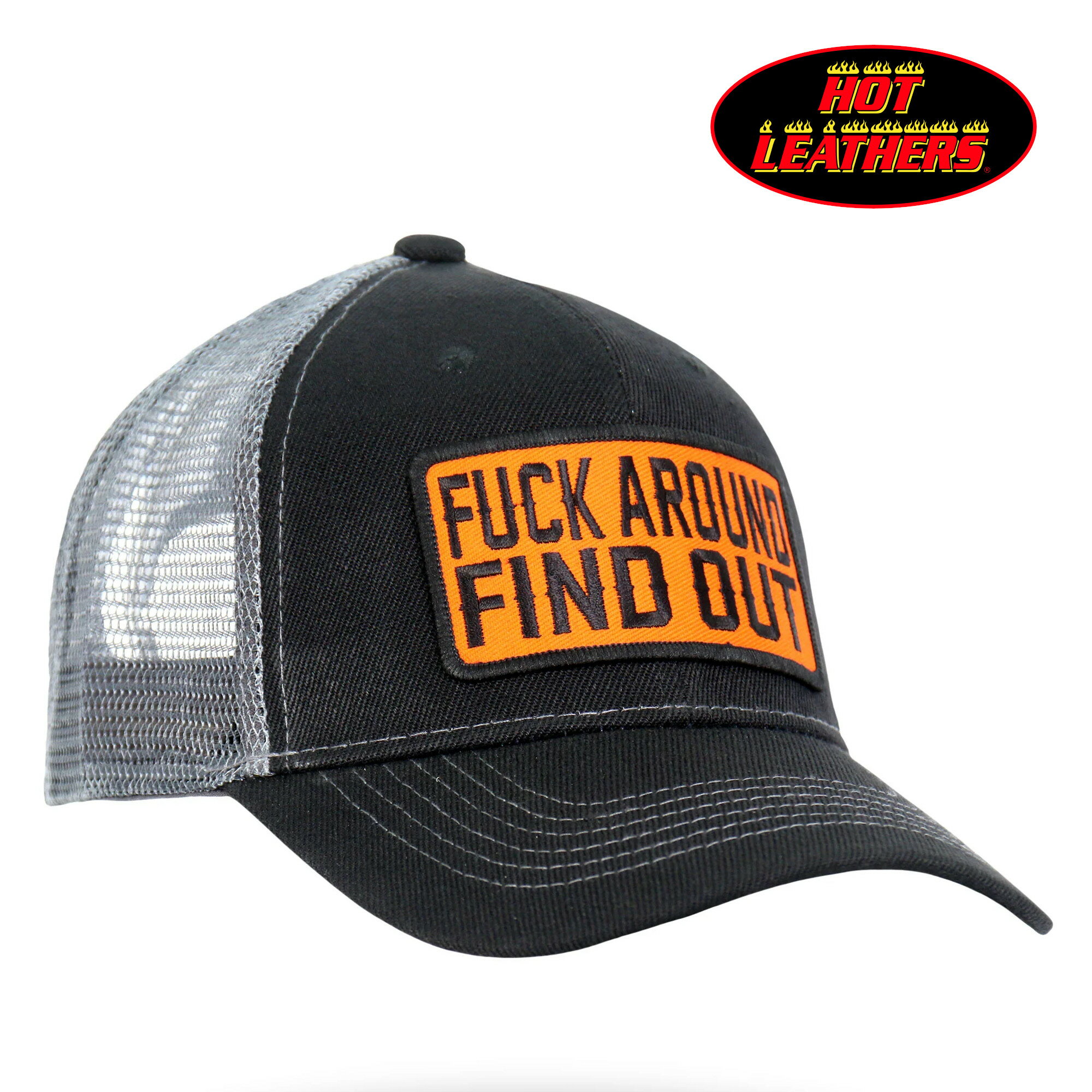 日本未発売! セール価格! ホットレザー [Fuck Around Find Out Hat] ファック アラウンド ファインド アウト ハット! ベースボール キャップ メッシュ 野球帽 帽子 スナップバック調節 ワッペン オレンジ グレー ブラック 黒 バイクに!