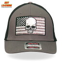 Hot Leathers キャップ ハット バイカー [Gray Skull Flag Trucker Hat] スカル 星条旗 グレー チャコール 黒 メッシュ スナップバック調節 ベースボールキャップ トラッカーハット 野球帽 帽子 米国ホットレザー直輸入 オートバイ ツーリング バイクに!