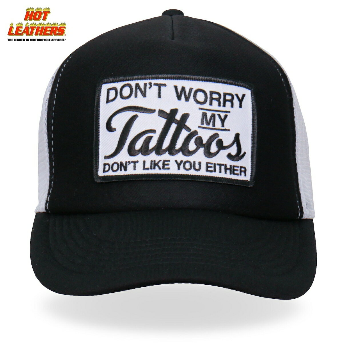 Hot Leathers キャップ ハット バイカー [Don't Worry Tattoo Trucker Hat] 英字 ブラック 黒 ホワイト 白 メッシュ スナップバック調節 ベースボールキャップ トラッカーハット 野球帽 帽子 米国ホットレザー直輸入 オートバイ ツーリング バイクに!