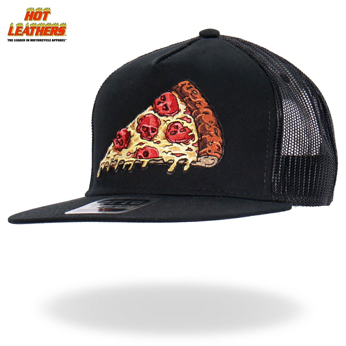 Hot Leathers キャップ ハット バイカー Pepperoni Skull Pizza Snapback Hat ピザ ペパロニ ドクロ スカル ブラック 黒 メッシュ スナップバック調節 ベースボールキャップ トラッカーハット 野球帽 帽子 米国ホットレザー直輸入 オートバイ ツーリング バイクに