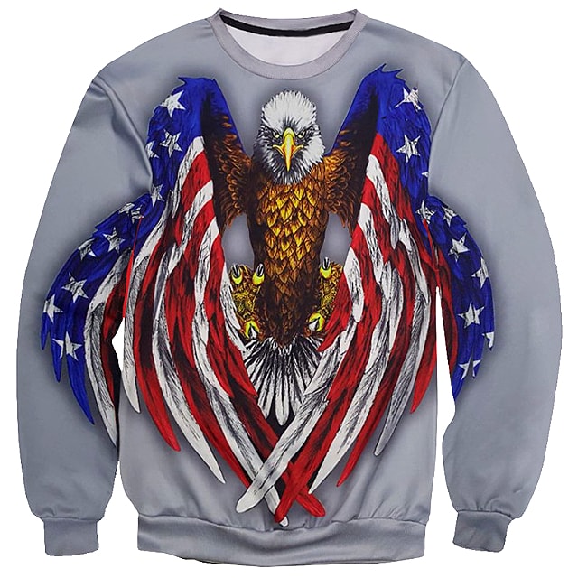 【送料無料!】日本未発売! [Eagle Wing Flag Print Pullover Sweatshirts] イーグル・ウィング・フラッグ・プリント・プルオーバー・スウェット・トレーナー! グレー 鷲 星条旗 米国 メンズ バイカー バイクに! アメカジ ジャージ バックプリント アメリカン 大きいサイズ