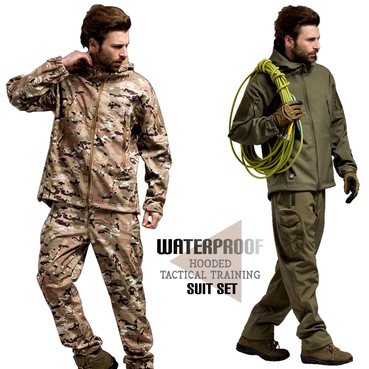 【送料無料!】全10色! 6サイズ! [Men's Waterproof Hooded Tactical Training Suit Set] メンズ ウォータープルーフタクティカルトレーニングスーツセット! ジャケット＆パンツ 上下セット セットアップ 長袖 ジャージ ランニング カモフラージュ 迷彩 サバゲー バイクに!