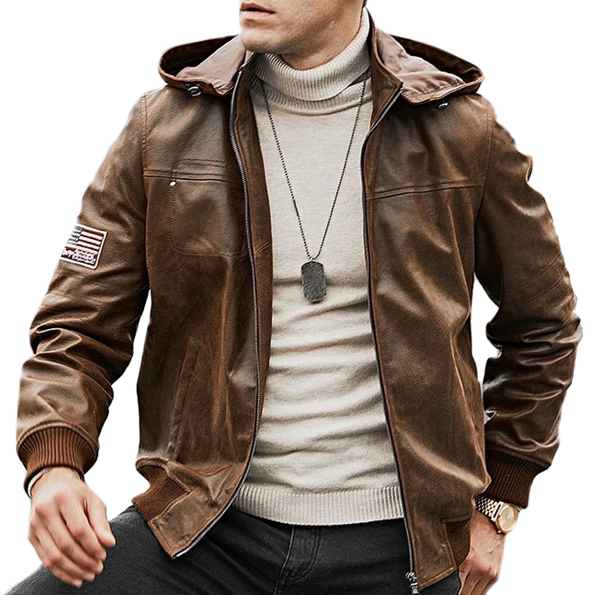 【送料無料!】フード着脱可能! 全10サイズ! [Men’s Removable Hood Pigskin Leather Motorcycle Jacket] メンズ リムーバブルフード ピッグスキンレザー モーターサイクルジャケット! 本革 豚革 革ジャン ブラウン 茶 パーカー コート アウター バイクに!