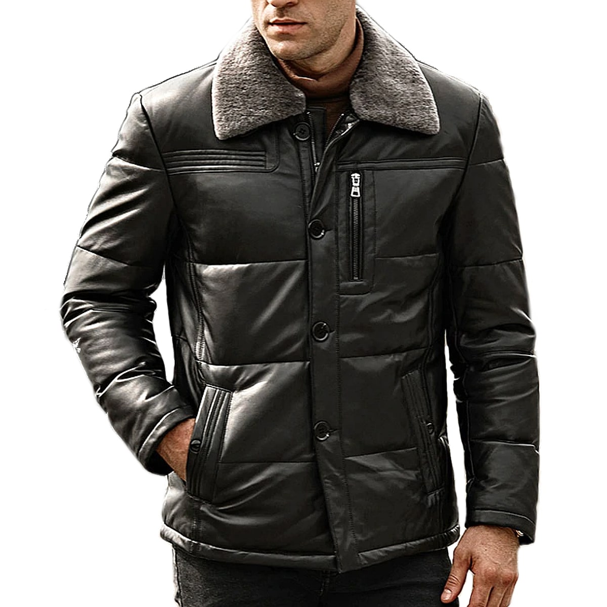 S10TCY! [Men's Sheep Fur Collar Black Lambskin Genuine Leather Duck Down Jacket] Y V[vt@[J[ ubN XL WFjCU[ _bN_EWPbg! {v Rrv _ER[g  H  AE^[ oCN!