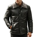 全10サイズ! [Men's Sheep Fur Collar Black Lambskin Genuine Leather Duck Down Jacket] メンズ シープファーカラー ブラック ラムスキン ジェニュインレザー ダックダウンジャケット! 本革 山羊革 ダウンコート 中綿 羽毛 黒 アウター バイクに!の商品画像