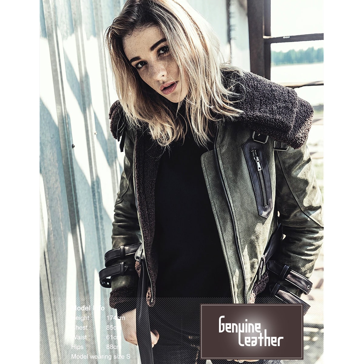 【送料無料!】全7サイズ! [Women's Faux Fur Shearling Pigskin Genuine Leather Military Jacket] レディース フェイクファー ムートン ピッグスキンレザー ミリタリージャケット! ウィメンズ 女性用 本革 豚革 革ジャン ダークグリーン ボア コート アウター バイクに!