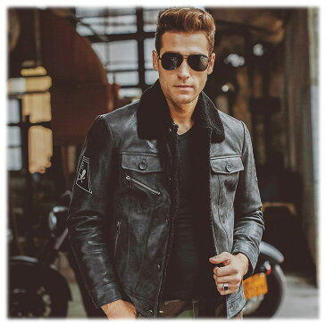 【送料無料!】全10サイズ! メンズ 本革 ボア付き襟 ピッグスキンレザー スカルワッペン ライダースジャケット! 豚革 バイクジャケット ブラック 黒 革ジャン アウター コート フライトジャケット パイロットジャケット ジャンパー 男性用 ビッグサイズ バイカー バイクに!