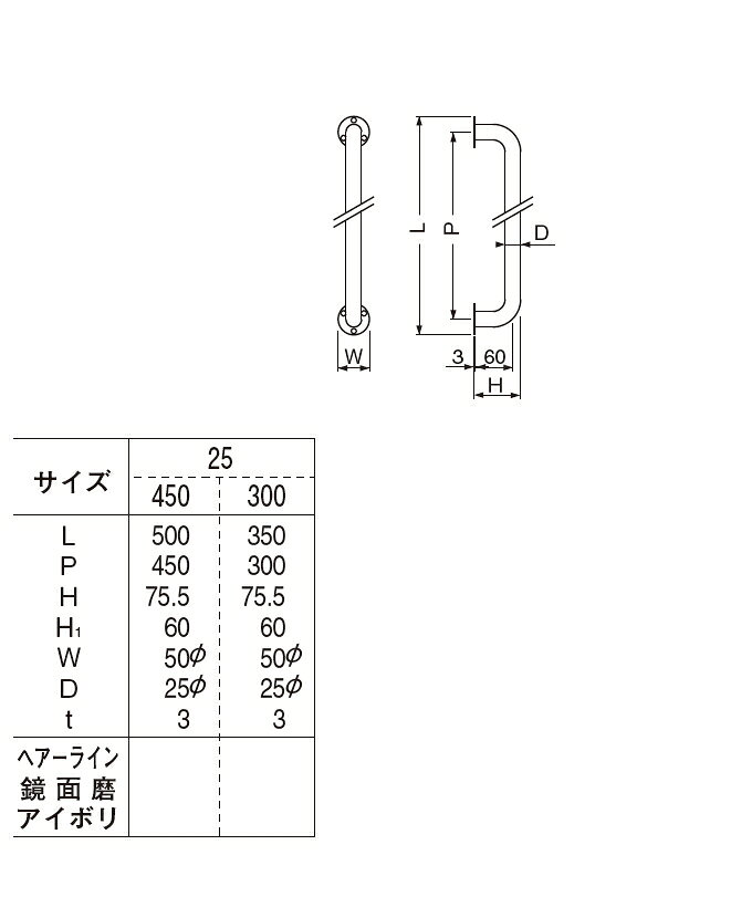 手すり:ステンレス ステン丸棒ニギリバー 直径25 300サイズ [2]