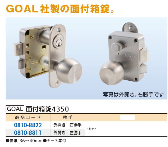 ドアノブ　GOAL純正　玄関面付箱錠　 鉄扉ドア用(キー3本付き)
