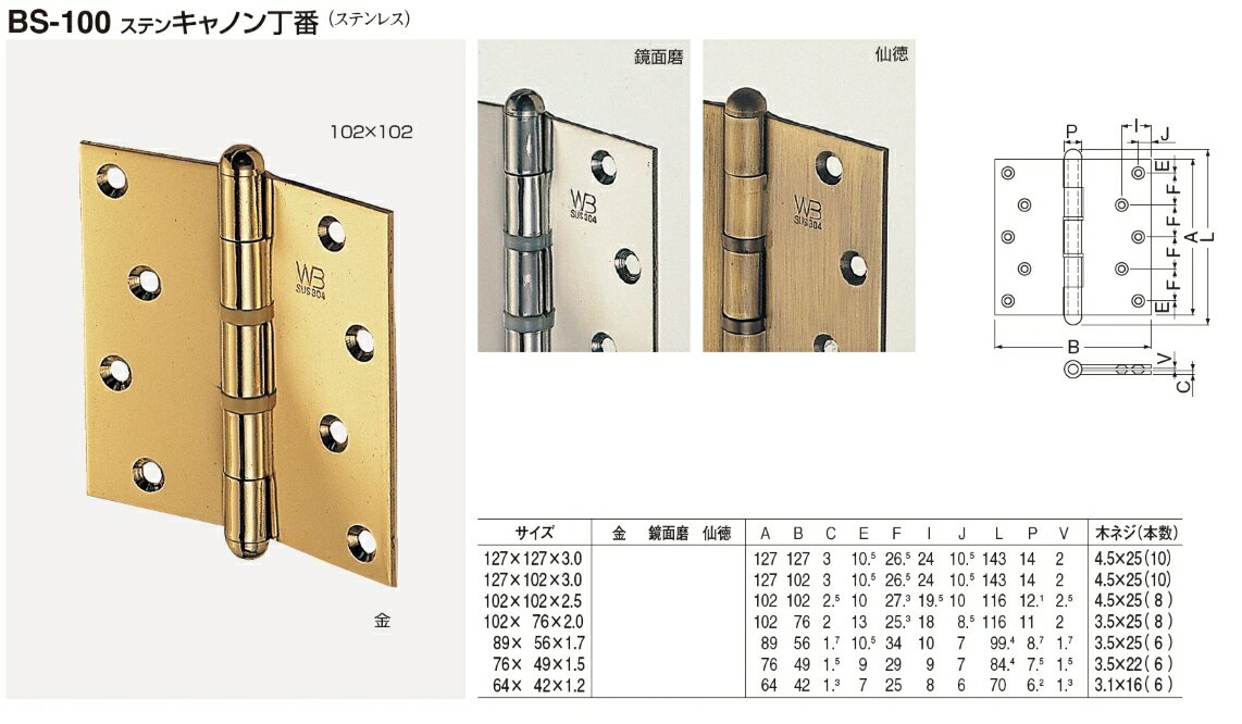 メール便/定形外便可 ステンレス製 キャノン丁番 102ミリ×76ミリ [2]
