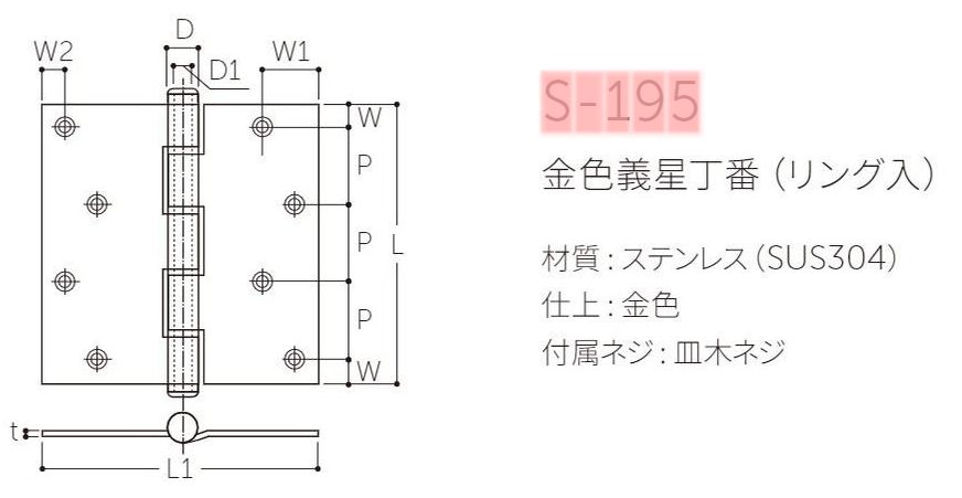 メール便/定形外便可 ステンレス製 金色義星丁番リング入り 102ミリ×102ミリ [2]