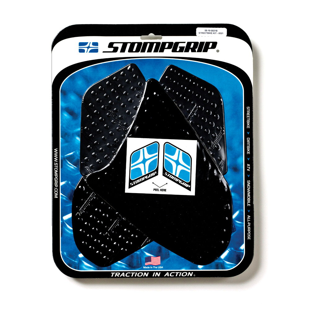 （商品詳細）STOMPGRIP/ストンプグリップ　トラクションパッドタンクキット ブラック CBR1000RR 08-11メーカー品番：55-10-0021B JANコード：4548664029464ストンプグリップSTOMPGRIP トラクションパッドタンクキット ブラック CBR1000RR 08-11 CBR1000RR 08-11【　 適　　合　 】ホンダ[HONDA]…CBR1000RR08-11メーカー品番[カタログ品番] ： 55-10-0021B色[カラー] ： ブラック材質[素材] ： エラストマー樹脂STOMP GRIPは世界各国のトップレーサー、トップスタントライダーに愛用されています。日本のサーキット、ストリートでも大好評。STOMP GRIPの愛用者は世界中で激増中です。【ストンプグリップの貼り方】1.貼付面の清掃を行ってください。（クリアをご使用の場合、汚れや水垢をコンパウンド等できれいに落としてから作業を行ってください）2.貼付面の脱脂を行ってください。3.位置決めを行います。4.空気が入らない様に端から貼ってください。裏紙は貼りながら剥がしてください。（端から時間をかけて、少しずつ確実にゆっくり貼ってください）ストンプグリップの粘着力が安定するまでには24時間が必要です。完全接着には72時間が必要です。完全接着前にご使用された場合、剥がれてしまったり、ずれてしまったりする場合があります。※フレーム面に貼付するストンプグリップは特にご注意ください。【注意】ストンプグリップの接着剤はとても強力です。ストンプグリップを無理に剥がした場合、塗装が痛んだり剥がれたりする恐れがあります。ストンプグリップを剥がすには、ヒートガンなどで暖めて、粘着力を低下させてから剥がしてください。※必ず車両の年式を確認してからご注文をお願いします。※開封後の交換、返品はお断りさせていただいております。