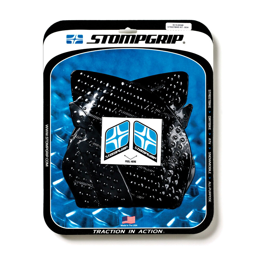（商品詳細）STOMPGRIP/ストンプグリップ　トラクションパッドタンクキット ブラック ZX10R 08-10メーカー品番：55-10-0034B JANコード：4548664029600ストンプグリップSTOMPGRIP トラクションパッドタンクキット ブラック ZX10R 08-10 ZX10R 08-10【　 適　　合　 】カワサキ[KAWASAKI]…ZX-10R08-10メーカー品番[カタログ品番] ： 55-10-0034B色[カラー] ： ブラック材質[素材] ： エラストマー樹脂STOMP GRIPは世界各国のトップレーサー、トップスタントライダーに愛用されています。日本のサーキット、ストリートでも大好評。STOMP GRIPの愛用者は世界中で激増中です。【ストンプグリップの貼り方】1.貼付面の清掃を行ってください。（クリアをご使用の場合、汚れや水垢をコンパウンド等できれいに落としてから作業を行ってください）2.貼付面の脱脂を行ってください。3.位置決めを行います。4.空気が入らない様に端から貼ってください。裏紙は貼りながら剥がしてください。（端から時間をかけて、少しずつ確実にゆっくり貼ってください）ストンプグリップの粘着力が安定するまでには24時間が必要です。完全接着には72時間が必要です。完全接着前にご使用された場合、剥がれてしまったり、ずれてしまったりする場合があります。※フレーム面に貼付するストンプグリップは特にご注意ください。【注意】ストンプグリップの接着剤はとても強力です。ストンプグリップを無理に剥がした場合、塗装が痛んだり剥がれたりする恐れがあります。ストンプグリップを剥がすには、ヒートガンなどで暖めて、粘着力を低下させてから剥がしてください。※必ず車両の年式を確認してからご注文をお願いします。※開封後の交換、返品はお断りさせていただいております。