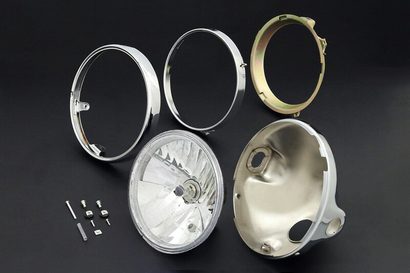 【PMC.Inc】 Brightec 旧カワサキ系 ヘッドランプ ラウンド メッキケース&リム付