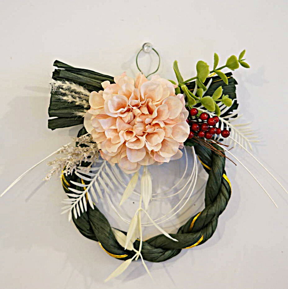 正月飾り しめ縄 おしゃれ　グリーンしめ縄14cm　ぼたん/ピオニー　造花　洋風　5550