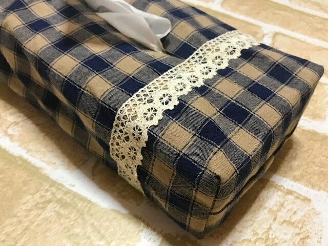 カントリーチェック ティッシュケースカバー 大チェック レース(紺)*カントリー雑貨 キッチン リビング インテリア [2]
