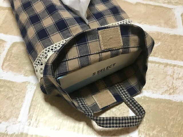 カントリーチェック ティッシュケースカバー 大チェック レース(紺)*カントリー雑貨 キッチン リビング インテリア [3]