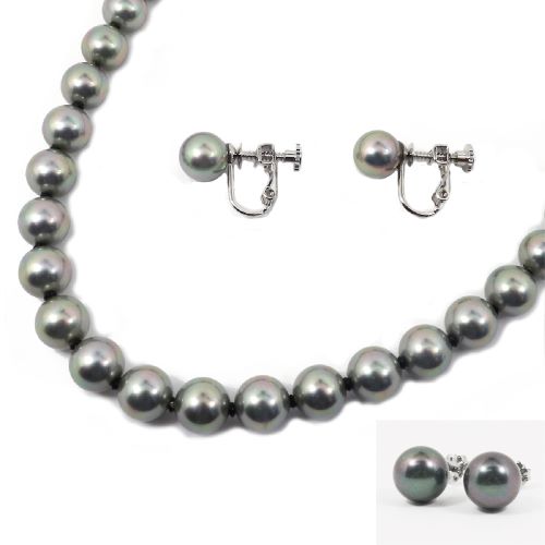 真珠ネックレス 花珠真珠に匹敵!黒真珠ブラック花珠貝パールネックレスピアス(イヤリング)セット8.0mm【6月誕生石真珠】【レディース,通販】