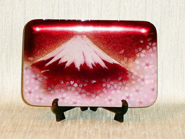 七宝焼　赤富士 七宝焼　飾皿　赤富士桜