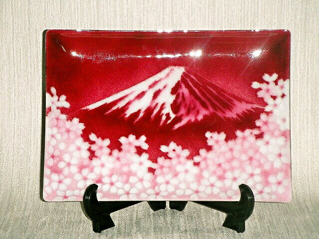 七宝焼　赤富士 七宝焼　飾皿　5×7赤富士桜
