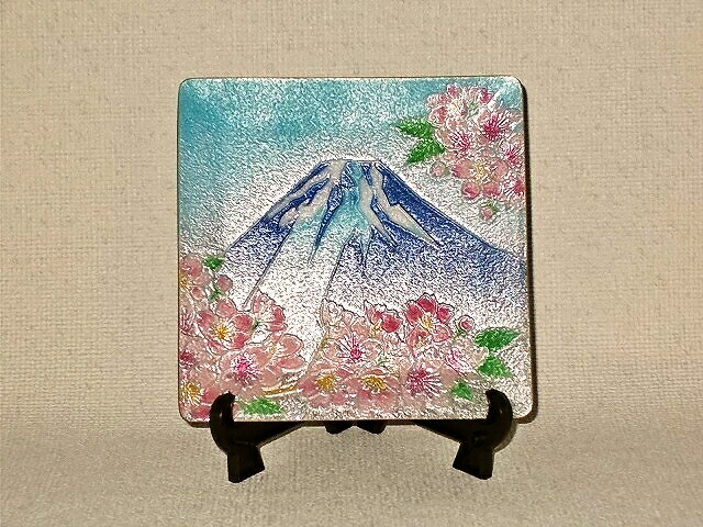 七宝焼　飾皿　4×4　富士に桜