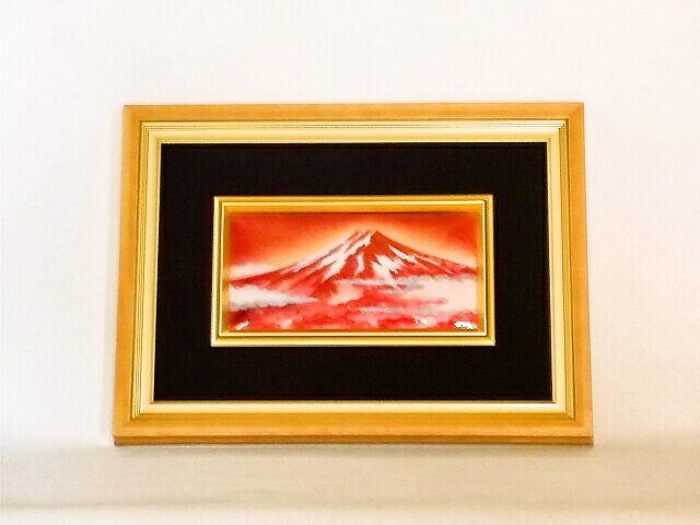 七宝焼　赤富士 七宝焼　額　4×8　赤富士