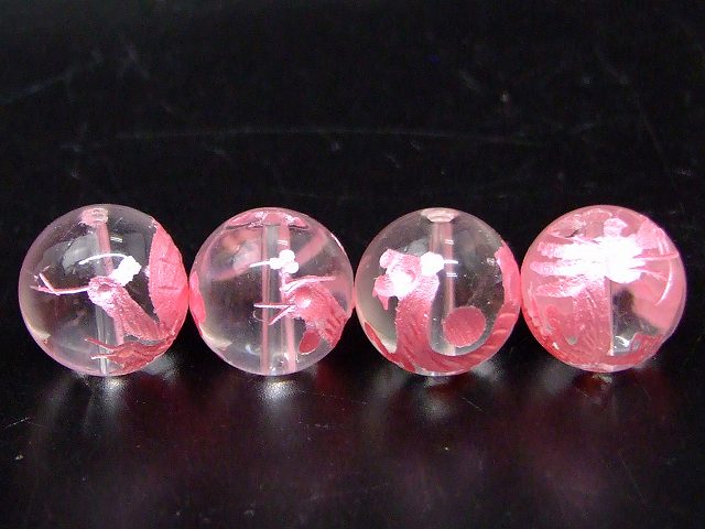 乐天商城 - 68737　　今月30％OFF わけあり 水晶 四神 14mm 手彫 ピンク彫り 1set (各1粒青龍・白虎・朱雀・玄武) 風水 四神獣 送料無料有 天然石 パワーストーン