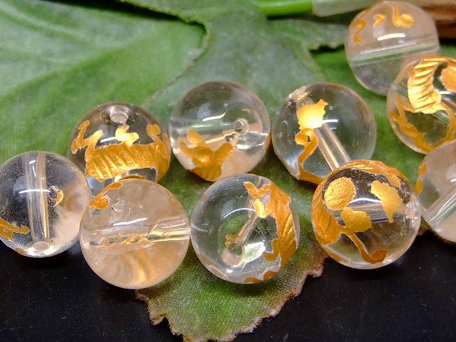 68513　　今月30％OFF わけあり 水晶 白虎 金彫 12mm 1粒売り クリスタル クォーツ ブラジル産 送料無料有 天然石 パワーストーン