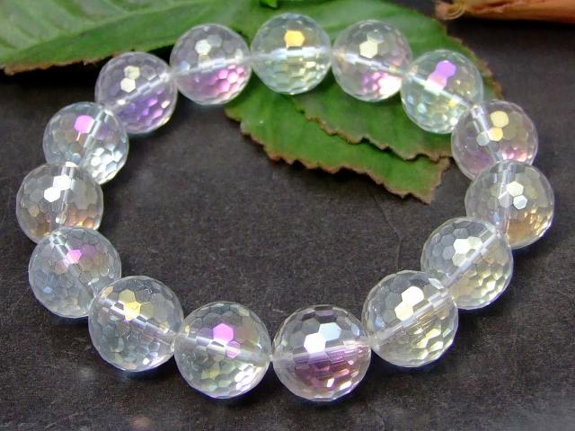 ≪11918≫●14mm●カット●アクアオーラ●送料無料●レインボーオーラ●水晶●ブレスレット●半連●短連●ブラジル産●天然石●パワーストーン●