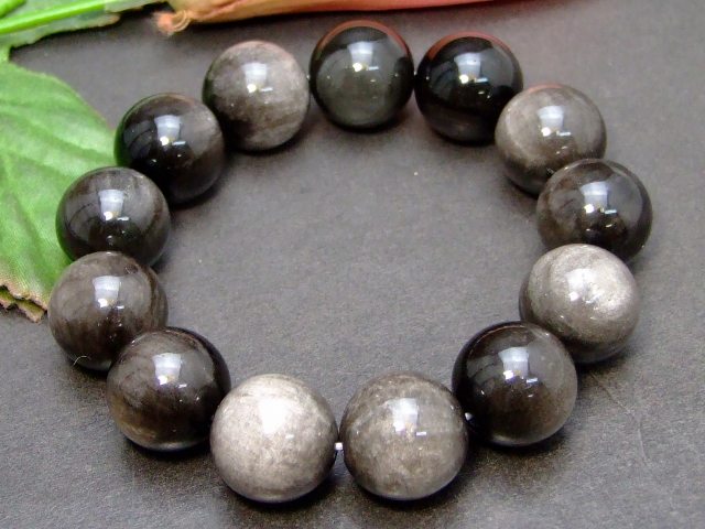 g3-394D　　銀 シルバーオブシディアン 16mm AA ブレスレット 内径17cm 鑑別済・本物保証 ポーチ付き 送料無料 アメリカ産 天然石 パワーストーン