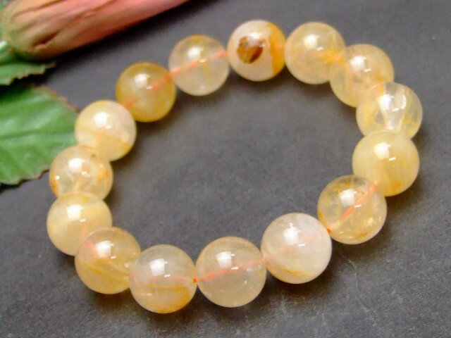 57828　　14mm ライモナイト リモナイトインクォーツ オーロラクォーツ 褐鉄鉱 ブレスレット 内径17cm ポーチ付き 送料無料 天然石 パワーストーン