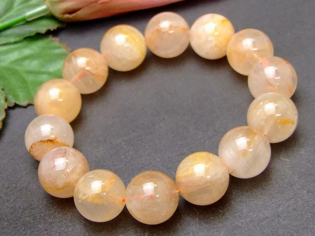 g3-3011N　　15mm ライモナイト リモナイトインクォーツ オーロラクォーツ 褐鉄鉱 ブレスレット 内径18cm ポーチ付き 送料無料 天然石 パワーストーン