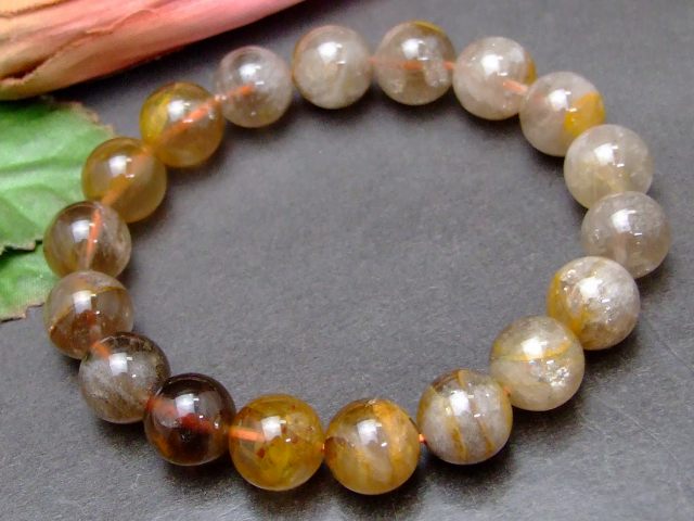 57865　　11mm ライモナイト リモナイトインクォーツ オーロラクォーツ 褐鉄鉱 ブレスレット 内径18cm ポーチ付き 送料無料 天然石 パワーストーン