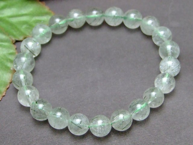 g3-1035G　　グリーンルチルクォーツ 9mm AA ブレスレット 内径18cm 針水晶 ポーチ付き 送料無料 ブラジル産 天然石 パワーストーン