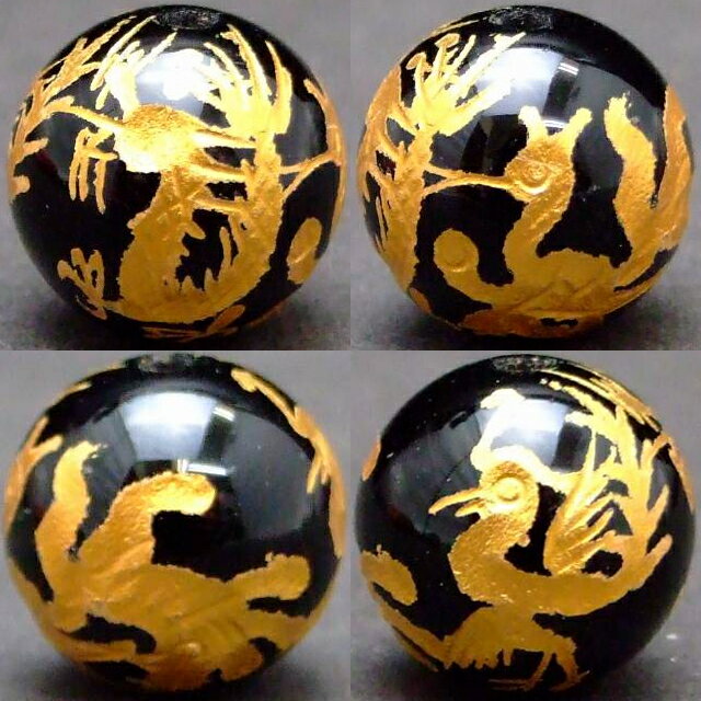 g3-498C　　16mm 1粒売り 手彫四面 風水四神 四面四神 オニキス 金彫 送料無料有 ブラジル産 天然石 パワーストーン