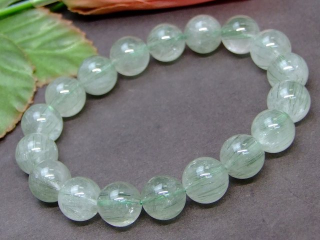 60123　　グリーンルチルクォーツ 11mm AA ブレスレット 内径17cm 針水晶 ポーチ付き 送料無料 ブラジル産 天然石 パワーストーン