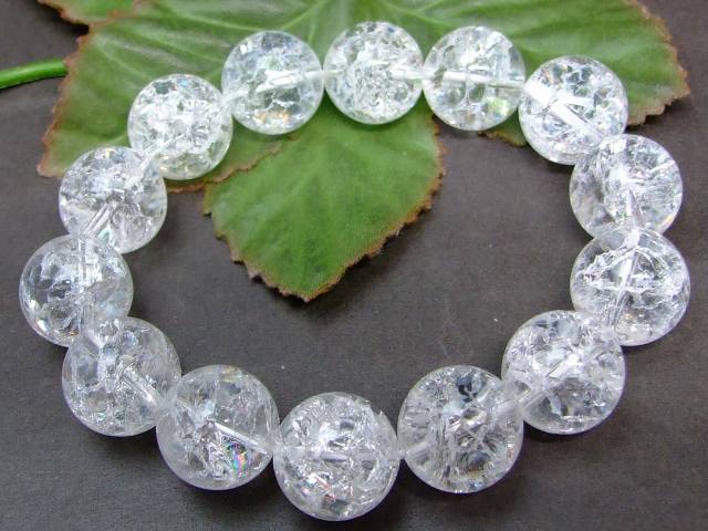 31471F　　虹入り 15mm〜16mm AA クラック水晶 爆裂水晶 クラッククォーツ ブレスレット 内径17cm 天然石 パワーストーン