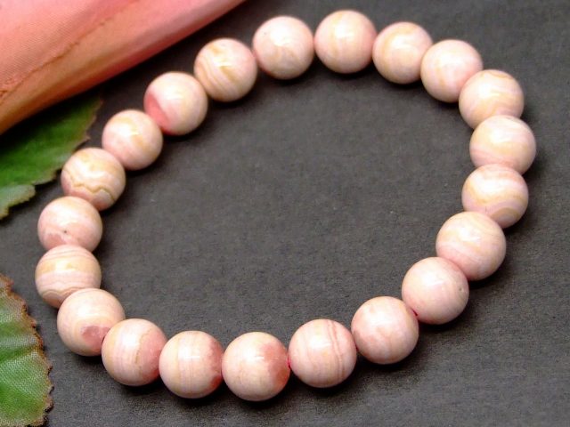 g3-619T　　インカローズ 9mm ブレスレット 内径16cm 鑑別済・本物保証 ポーチ付き 送料無料 アルゼンチン産 天然石 パワーストーン