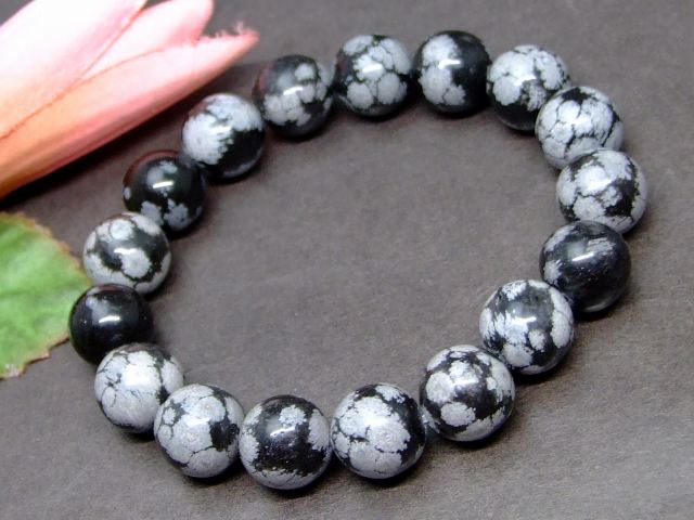 g3-389F　　スノーフレークオブシディアン 12mm ブレスレット 内径調節可能 アメリカ産 送料無料 天然石 パワーストーン