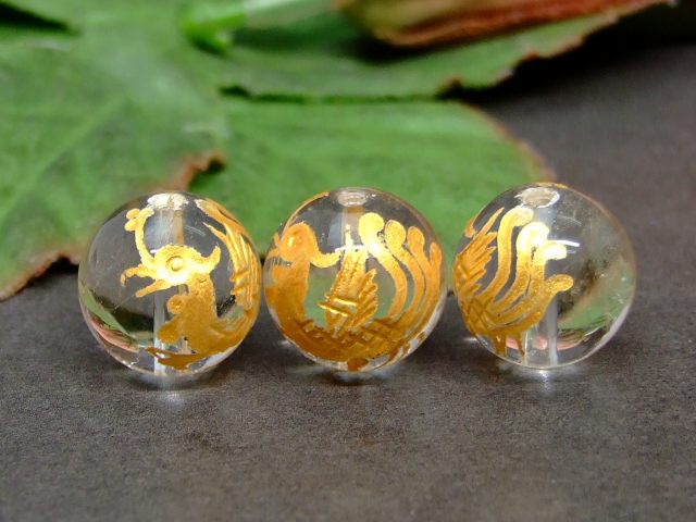 63392　　水晶 朱雀 金彫 13mm〜14mm 1粒売り クリスタル クォーツ ブラジル産 送料無料有 天然石 パワーストーン