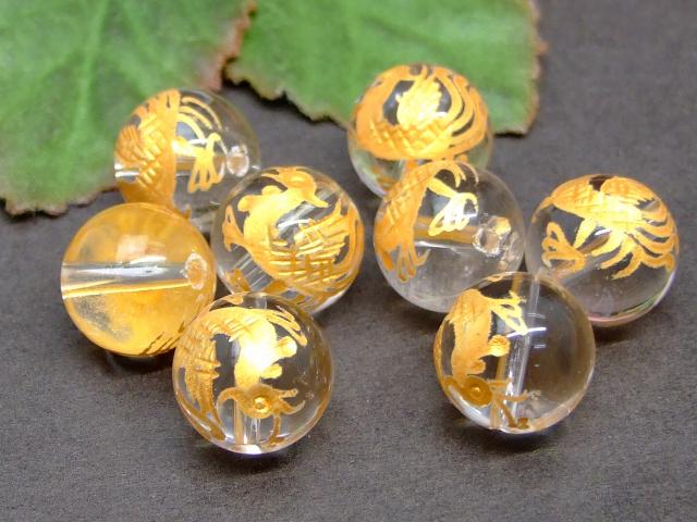 63392　　水晶 朱雀 金彫 13mm〜14mm 1粒売り クリスタル クォーツ ブラジル産 送料無料有 天然石 パワーストーン