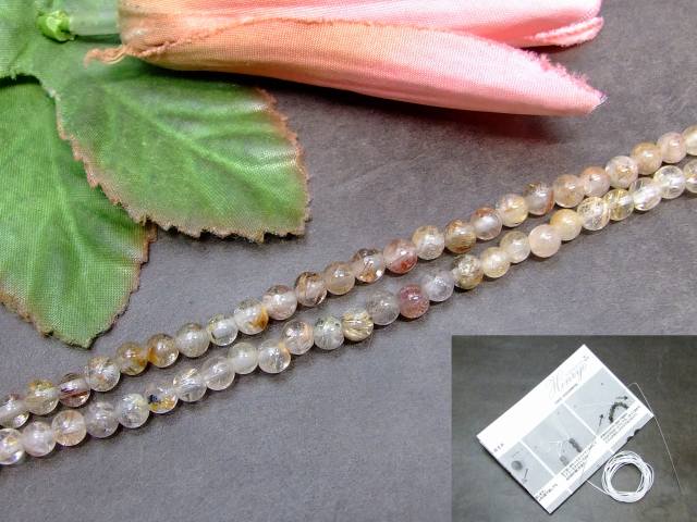 64255　　タイチン入り ルチルクォーツ 針水晶 4mm 1連39cm 通し針、解説書、1mゴム付き 送料無料 ブラジル産 天然石 パワーストーン