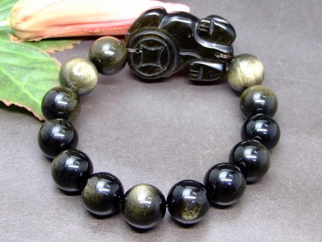 g3-461Y　　特級 ゴールドオブシディアン 貔貅 ヒキュウ ひきゅう 38mm×26mm／14mm ブレスレット 内径調節可 送料無料 天然石 パワーストーン