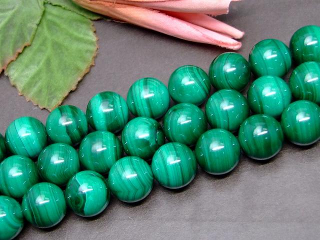 g3-623F　　マラカイト 孔雀石 14mm 5A 1連39cm 通し針、解説書、1mゴム付き 送料無料 天然石 パワーストーン