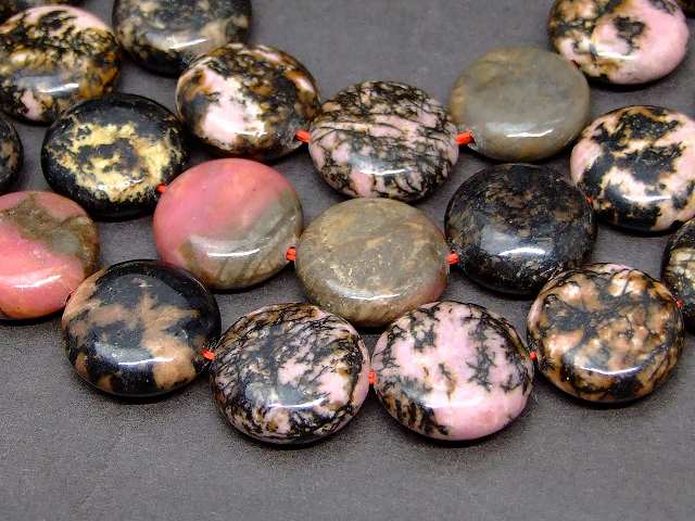 g3-610N　　ロードナイト 薔薇輝石 15mm 円盤 コイン 1連37cm 通し針、解説書、1mゴム付き 送料無料 天然石 パワーストーン