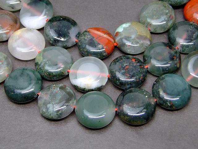 g3-3372　　アフリカブラッドストーン 15mm 円盤 コイン 1連39cm 通し針、解説書、1mゴム付き 送料無料 天然石 パワーストーン