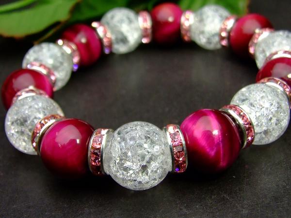 ≪b3-40019≫●14mm マゼンタピンクタイガーアイ●クラック水晶●送料無料有●楽天最安値に挑戦●高級●ブレスレット●天然石●パワーストーン●