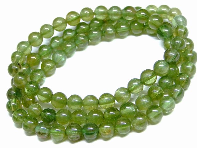 65725　　グリーンキャッツアイアパタイト 燐灰石 6mm 4A 三重ブレスレット ネックレス 長さ56cm 送料無料 ブラジル産 天然石 パワーストーン