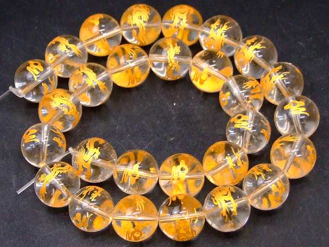 g3-292T　　龍彫 金彫 水晶 14mm クリスタル クォーツ 1連39cm 通し針、解説書、1mゴム付き ブラジル産 送料無料 天然石 パワーストーン