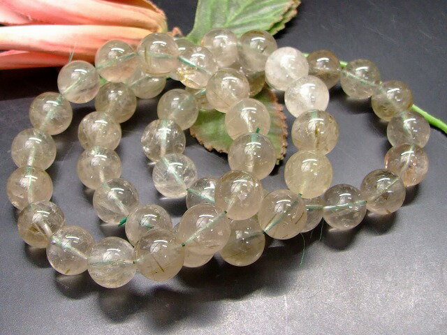 68050　グリーンルチルクォーツ 針水晶 13mm ブレスレット 内径18cm ポーチ付き 送料無料 ブラジル産 天然石 パワーストーン